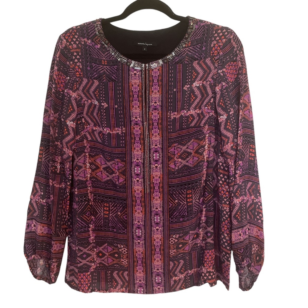 Nanette Lepore 100% Silk Long Sleeve Blouse Top Embellishments | Medium, Size 8